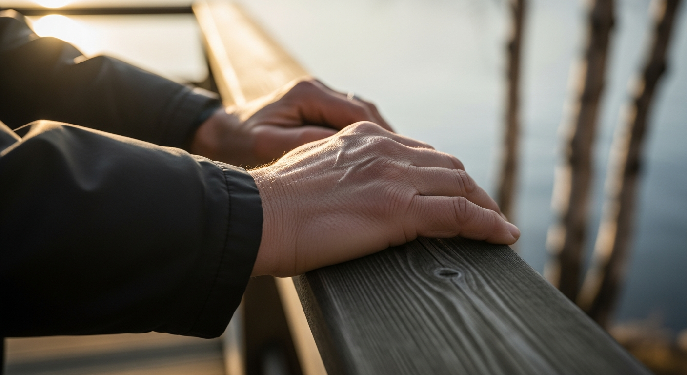 Hand resting on a weathered wooden railing by the coast