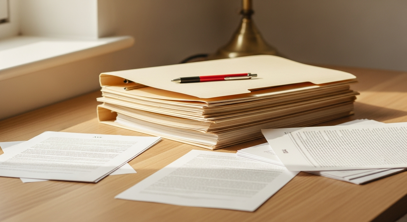 Stack of folders and papers on a desk