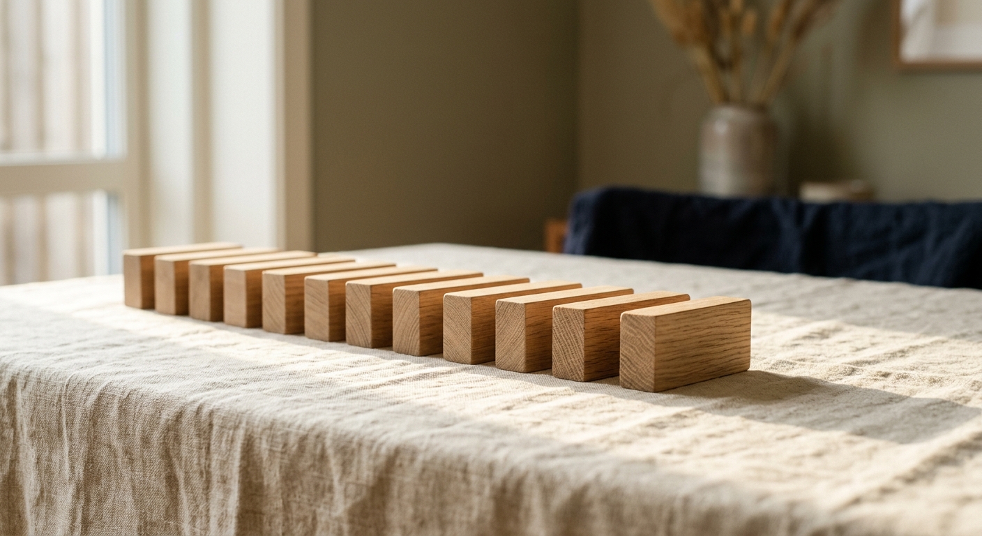 A row of aligned oak blocks with one turned crosswise against the grain
