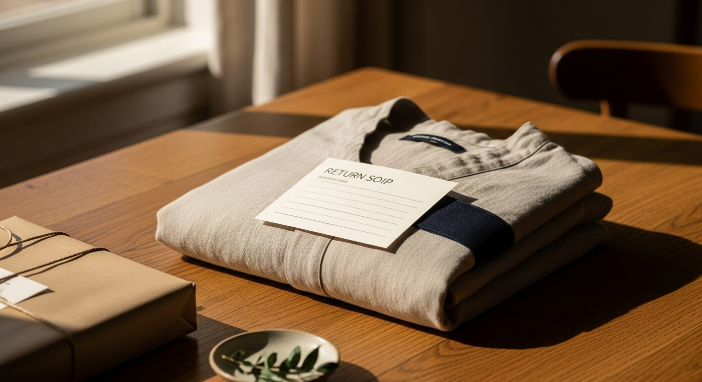 Neatly folded garment with a return label on a linen surface