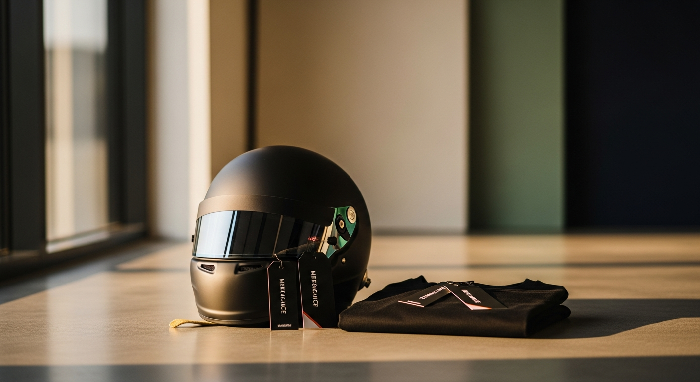 Racing helmet, branded t-shirt and merchandise tags on a concrete surface