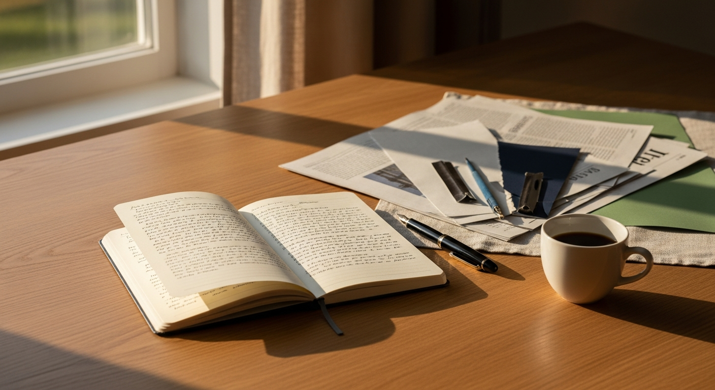 Open notebook with press clippings, a coffee cup and a fountain pen on oak