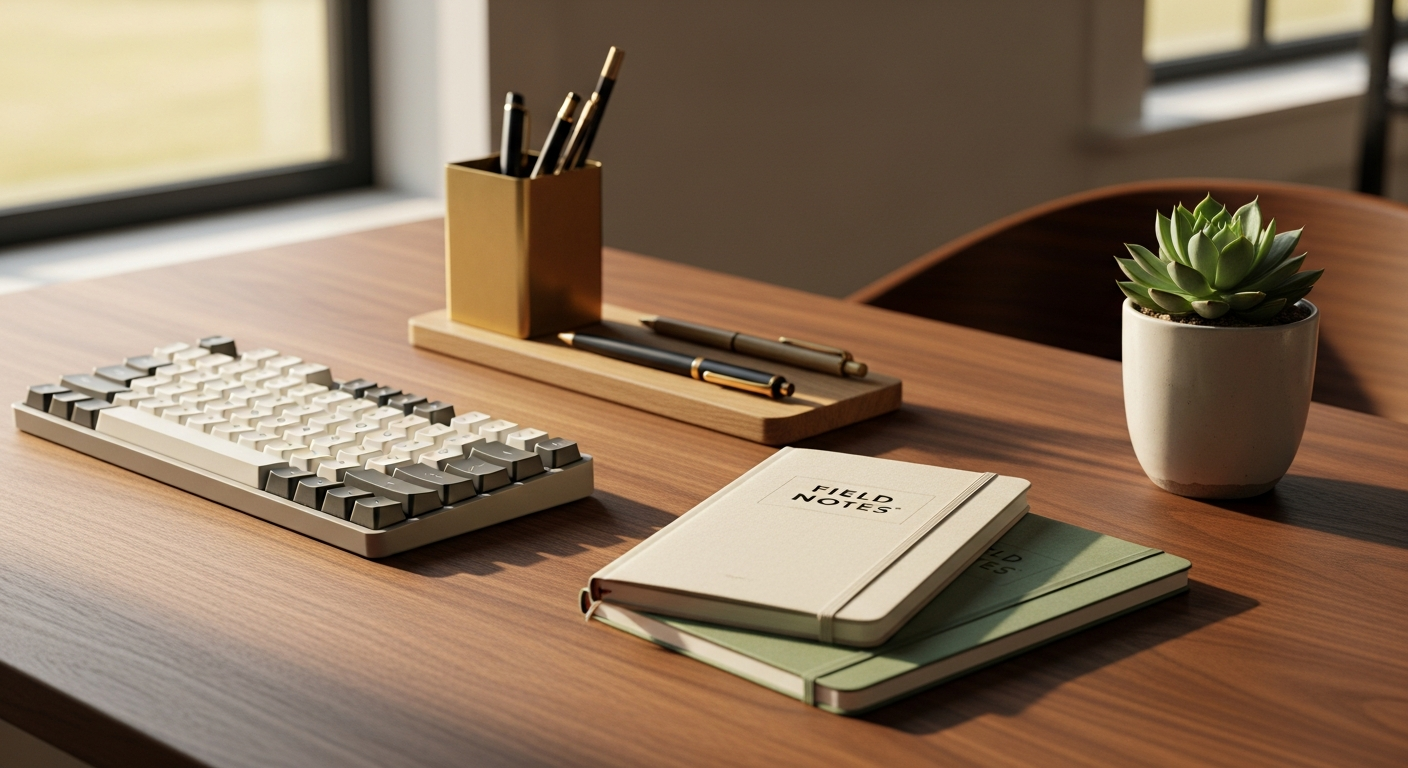 Mechanical keyboard, a monitor stand and stacked notebooks on a dark desk