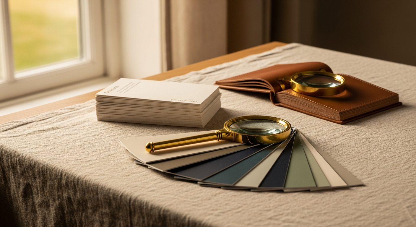 Colour swatches, product cards and a magnifying glass on a linen cloth
