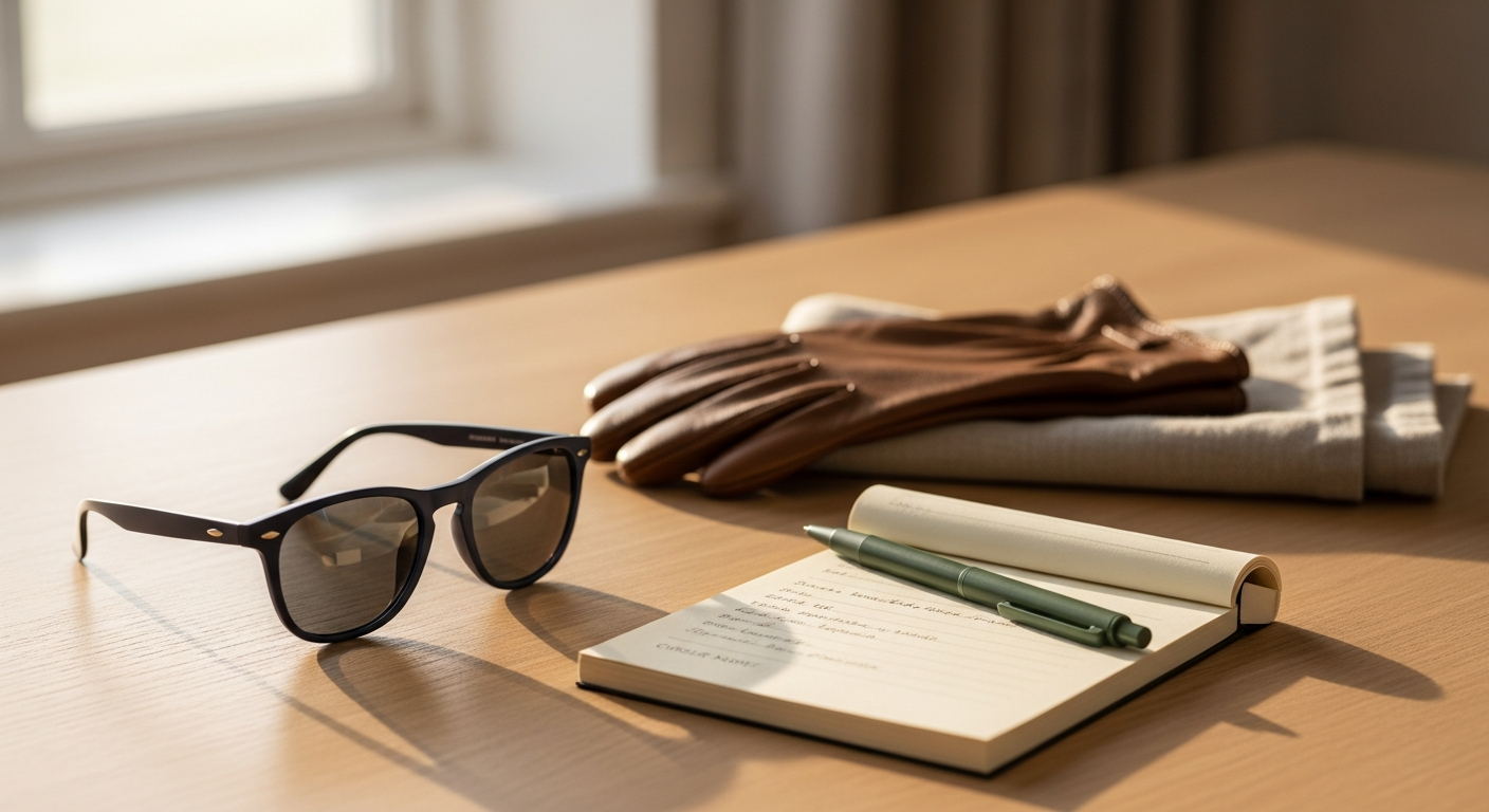 Sunglasses, an order pad and leather gloves on a light Scandinavian table
