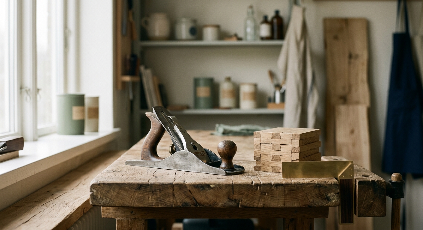 Woodworking hand plane and dovetail joints on an oak workbench