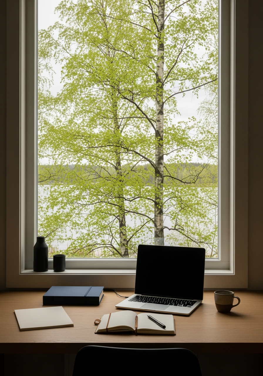 Spring birch trees and a calm lake seen through a window, a laptop and notebook on the desk