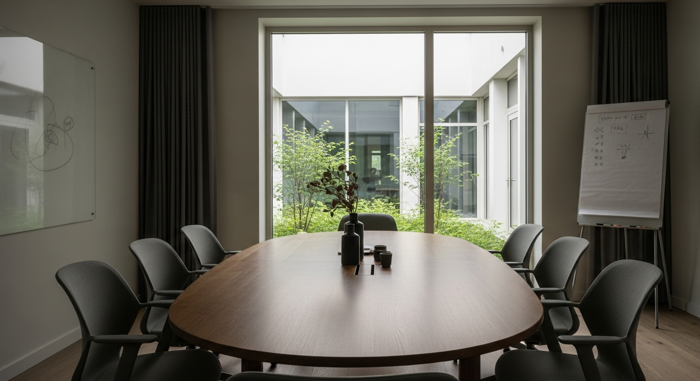 Sober meeting room with green courtyard view