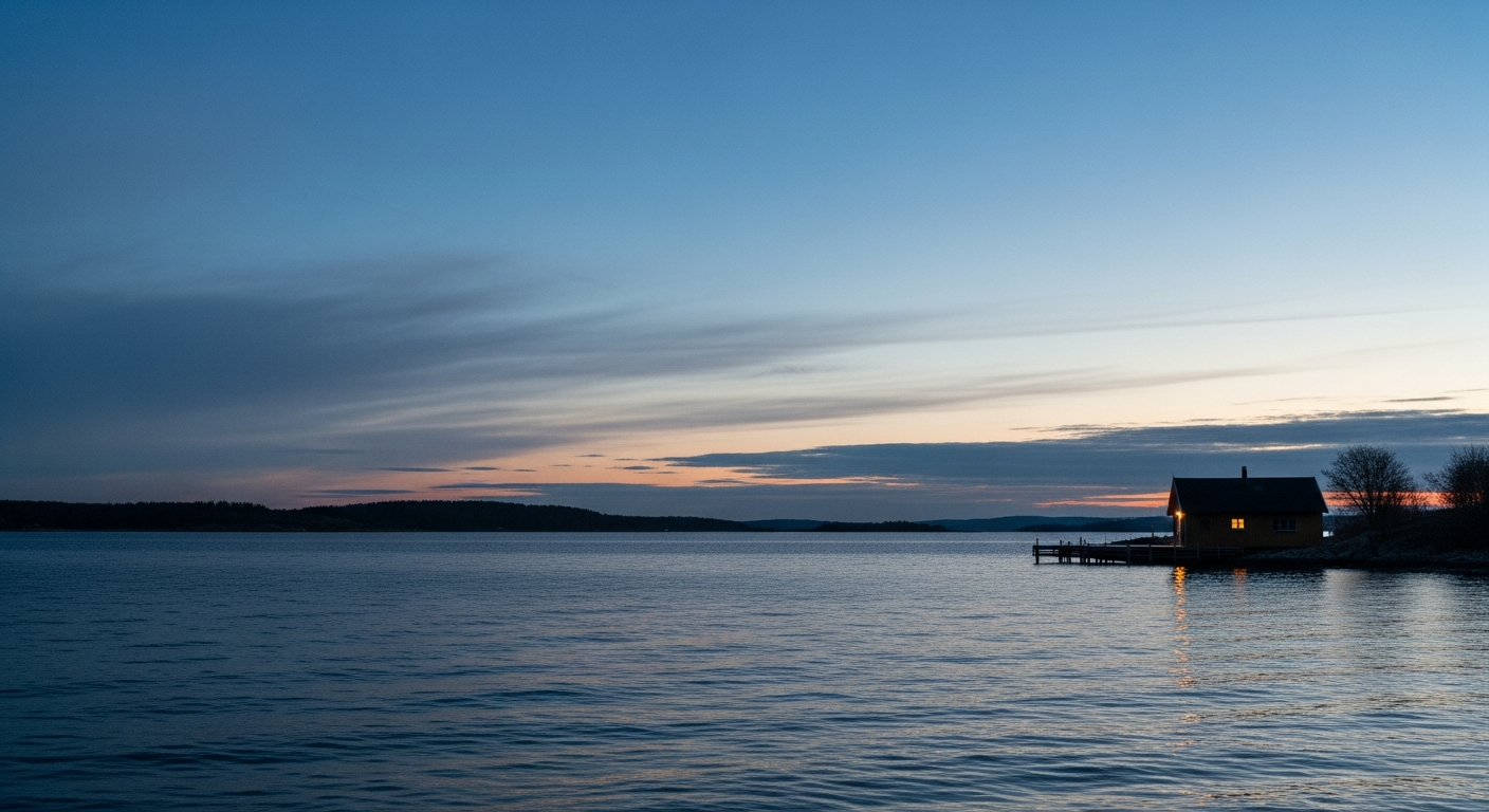 Nordic landscape at blue hour with a boathouse on the far shore