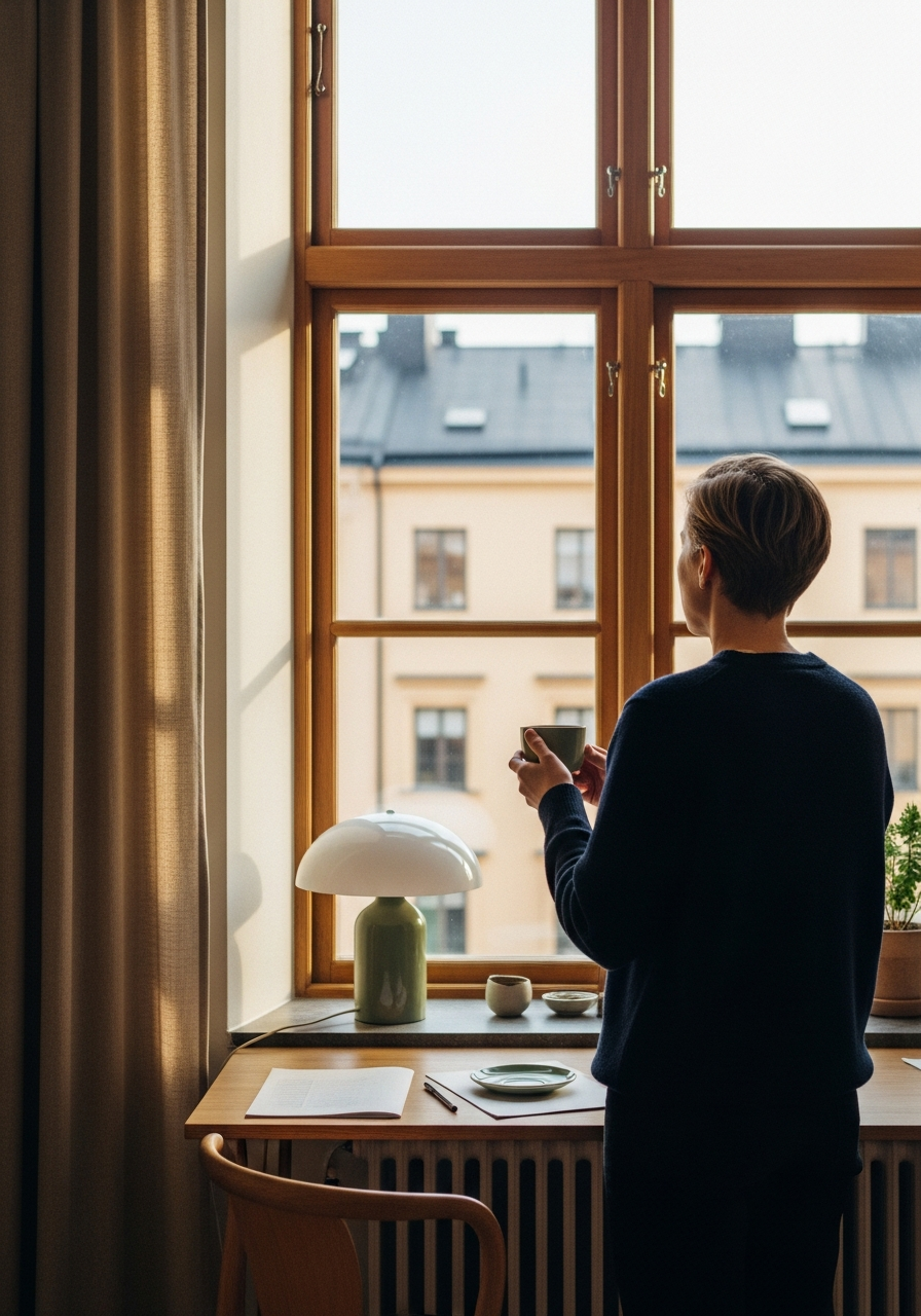 Person standing at a window, holding a ceramic cup, looking out at the city
