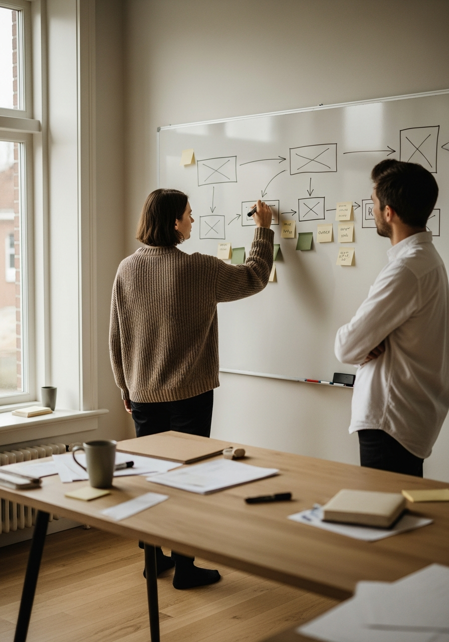 Two colleagues working at a whiteboard, mapping a diagram